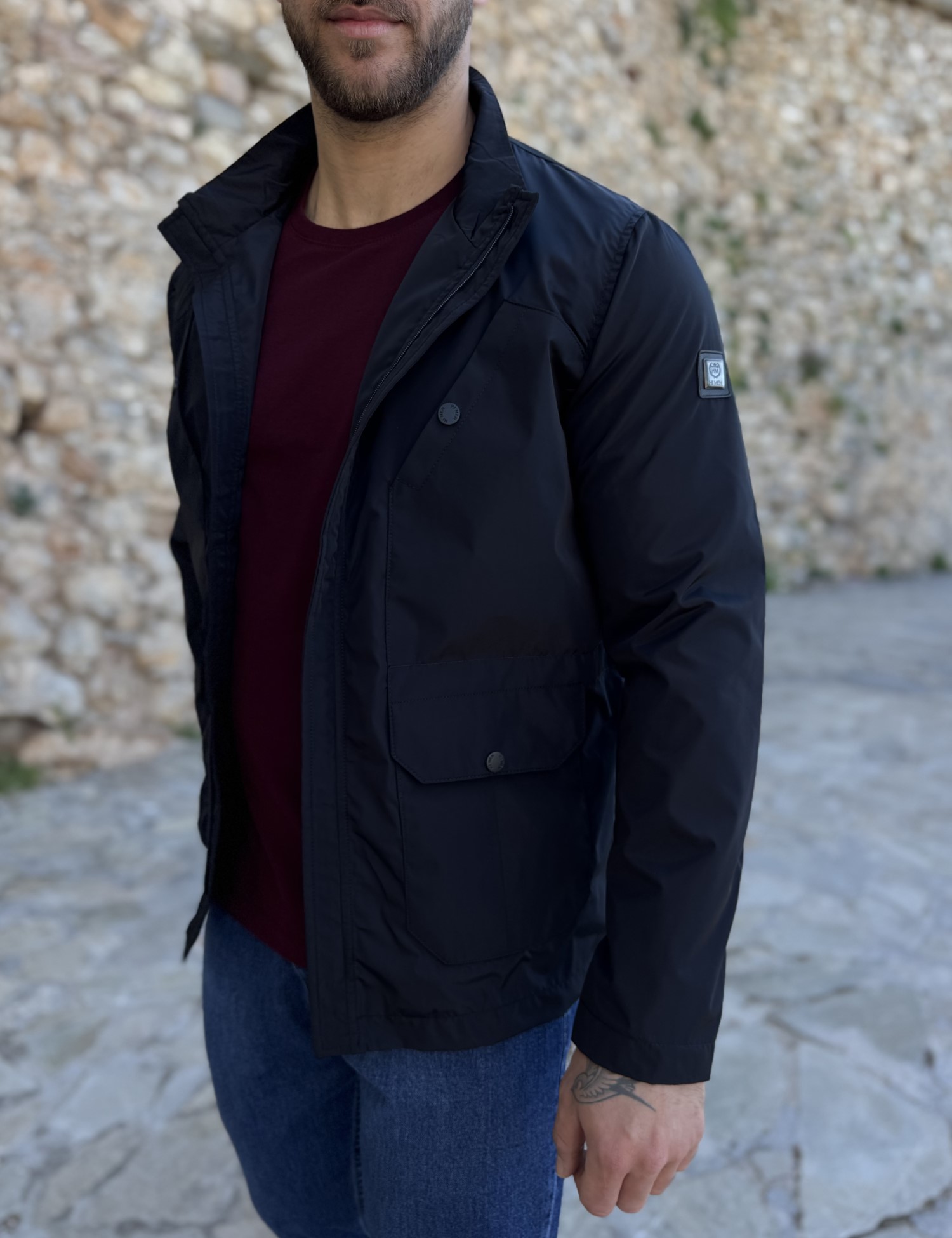 Ανδρικό μπλε ελαφρύ μπουφάν με γιακά και ίσιο τελειώμα HM264085 φωτογραφία